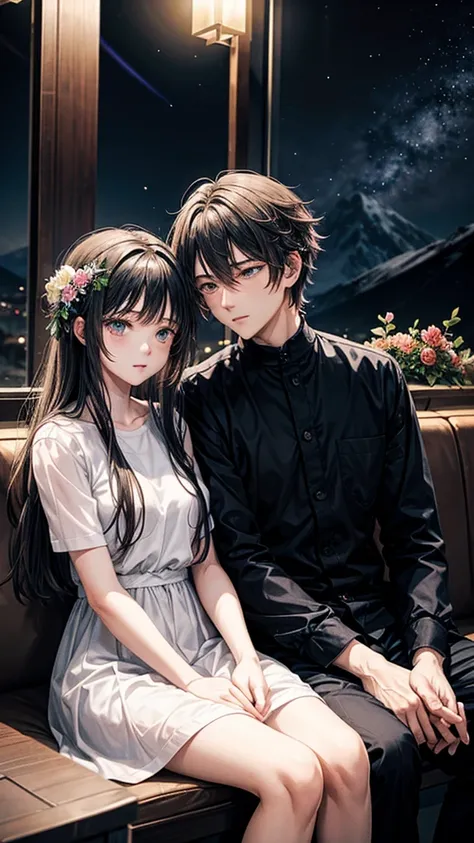 A mountain of flowers, it is a night sky, a beautiful couple is sitting, a couple is wearing short clothes, moody color contrast, Anime look 