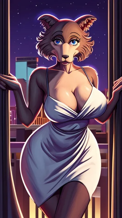 Beastars art style, beastars, Juno, brown wolf, she Wolf, 1girl, furry, long curly brown fur, slim figure, blue eyes, wide hips, Big breasts, Marilyn Monroe dress, cleavage, night time, Las Vegas hotel