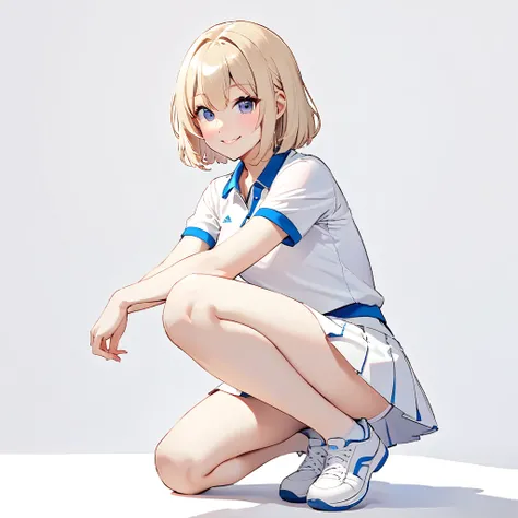 One girl, alone, White polo shirt, White sneakers, Tennis Wear, White mini skirt, masterpiece, Highest quality, (Glowing Skin), Long blonde hair, Silver Eyes, thin, Beautiful Eyes, pupil sharp, pupil , (thigh: 1.0),whole body、Background is white,View your ...