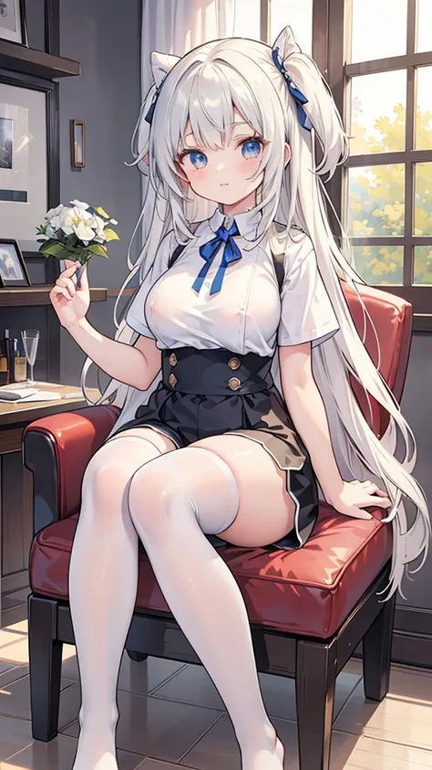 (masterpiece、Highest quality)、High resolution、Detailed face:1.2、anime(1.2)、Sharpness、4K、Private room、Sitting in an easy chair、15 years old、Two-dimensional beautiful girl、T-Shirts、Thigh-high stockings、Shorts、White skin、cute、Big Breasts、tits、sole、Thick thigh...