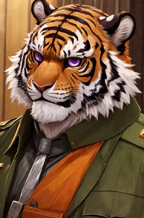 individual、male、Xiao thought、{Middle-aged and elderly}、individual、strong、hairy、Low saturation、tiger、military uniform、orange color、Brown stripes、Purple Eyes、bust