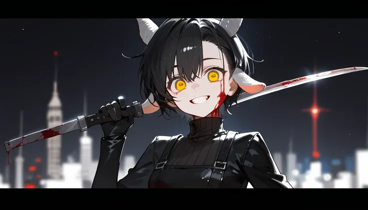 black and white bicolor hair, alone,Asymmetrical hair, short hair, Bloody woman with crazy eyes, smile。Yellow Eyes, Goat ears,City of Concrete 。Bloody walls。Wide Shot。Has a large knife。 Black Leather Gloves。Cinema Lighting ,Black leather turtleneck。Black l...