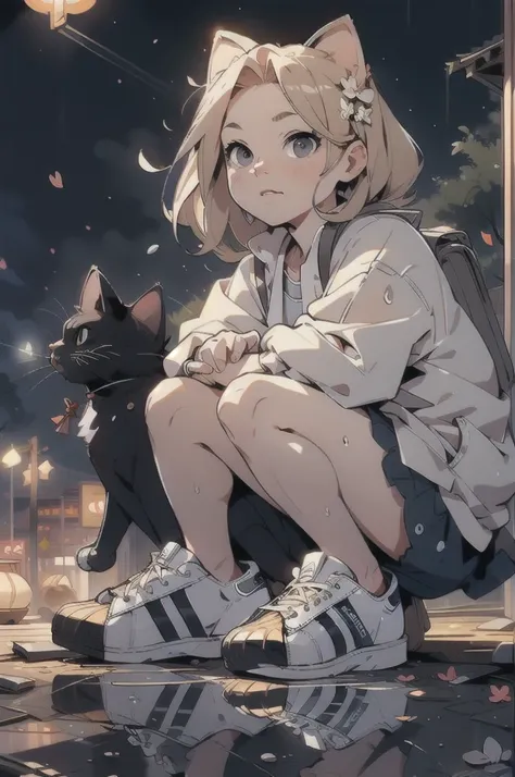 (masterpiece:1.3), (best quality:1.3), (hires, high resolution:1.3), 8k, ultra_detailed, extremely_clear, photograph, beautiful, sharp focus, hdr, BREAK
1girl, night city, rain coat, (holding a cat:1.2), backpack, blonde hair, 80s style, (white sneakers, a...