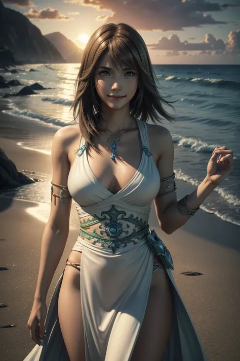 The best one,Yuna,Final Fantasy 10,FF10,Medium Hair,Brown hair,Let your bangs down,Beautiful green and blue odd eyes,,Beautiful and tall nose,Photorealistic,Ultra HD,high quality,masterpiece,Digital SLR,Detailed details,Intricate details,Anatomical basis,D...