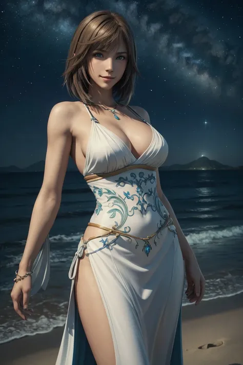 The best one,Yuna,Final Fantasy 10,FF10,Medium Hair,Brown hair,Let your bangs down,Beautiful green and blue odd eyes,,Beautiful and tall nose,Photorealistic,Ultra HD,high quality,masterpiece,Digital SLR,Detailed details,Intricate details,Anatomical basis,D...