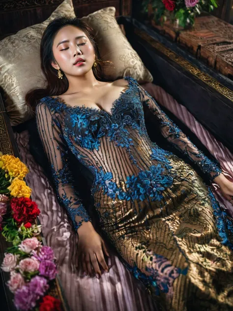 In a striking 8K HDR scene, a stunning Korean woman, 22 years old, lies peacefully in a black coffin surrounded by plush pillows. The deep box is set against a rich black background, accentuating the beauty of the subject. Her exquisite deep-V neckline keb...