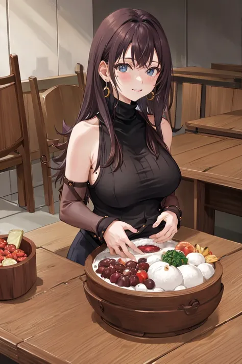 On the table, best quality, high resolution, hmkm1, Mole under the eye, earrings, a, turtleneck sweater, Fur trim, , sleeveless, Cowboy shooting, indoor，Super huge breasts，Pregnant