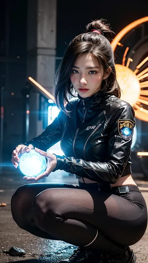 Depict Zeri in her Rogue Agent skin, wearing a sleek, tactical outfit with high-tech gadgets. She’s crouching behind cover, preparing to unleash her Pulse Strike ability. The image shows her charging up a glowing energy sphere with intense focus, and the s...