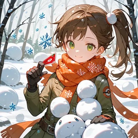 1Young girl，Beautiful light and shadow，Brown side ponytail，Green eyes，Card issuance，Pokemon ball on the belt ，cute，Pokémonon style，sit down，Close one eye，Smiling gloves，scarf，Snowball，snowflake，Snow，Light Particles