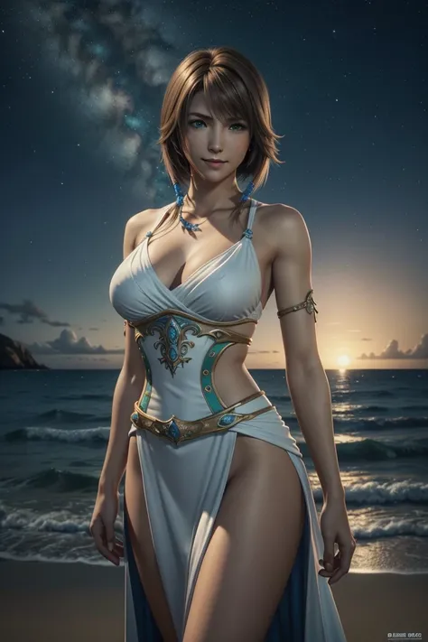 The best one,Yuna,Final Fantasy 10,FF10,Medium Hair,Brown hair,Let your bangs down,Beautiful green and blue odd eyes,,Beautiful and tall nose,Photorealistic,Ultra HD,high quality,masterpiece,Digital SLR,Detailed details,Intricate details,Anatomical basis,D...