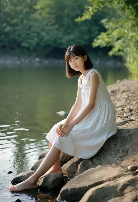 A serene image of a 13-year-old girl, sitting by a riverbank with a paper boat, 90s Japanese Idol photobook style, ((captured by Sumiko Kiyooka)), wearing a white sundress, early morning mist, tranquil and peaceful mood, soft lighting and shadows
