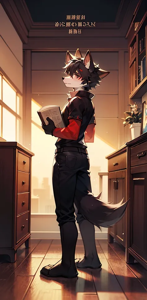 Book cover，dark、Depression，Full of weird elements,Red wolf furry(3 years)，A black-haired boy stood beside him
