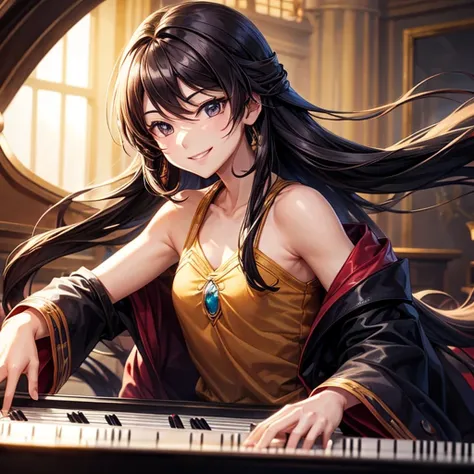 solo, Long Hair, chest, accessories, smile, Character profile, Fireworks display
, Piano Anime Style, Part your bangs