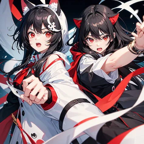 Create an anime-style illustration of a cute character with black hair and red eyes。The character is wearing a black hood、She is holding a grey, mackerel and white cat plush toy.、The overall feel is playful.。The facial expression shows surprise and joy.、It...