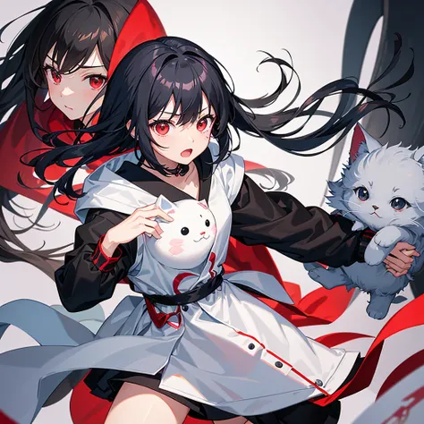 Create an anime-style illustration of a cute character with black hair and red eyes。The character is wearing a black hood、She is holding a grey, mackerel and white cat plush toy.、The overall feel is playful.。The facial expression shows surprise and joy.、It...