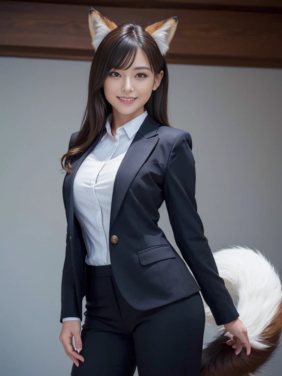 ((Highest quality, 32K)), ((masterpiece)), (Get used to it), Perfect Face, Fox Girl, Beautiful woman, public, There is a tail, She has a fox tail, She wags her fluffy tail, smile, collar, She wears a business suit, Beautiful hip line, A tail sticking out f...