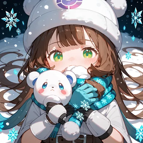 1Young girl，Beautiful light and shadow，Brown long hair，Green eyes，Card issuance，Pokemon ball on the belt ，cute，Pokémonon style，sit down，Close one eye，blush，flurry，Arms covering face，Gloves，scarf，Snowball，snowflake，Snow，Light Particles，Plush hat，（（Brown hai...