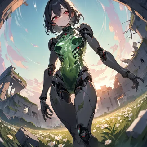 1girl, 20yo、black hair, red eyes, skeleton body, Vinyl Translucent dress、Bones visible, moss on body、robot joints:1.3、evening、red light、Ruins, flower field, high-resolution image, leotard, see-through,android, joints, robot joints, dynamic pose、fisheye len...