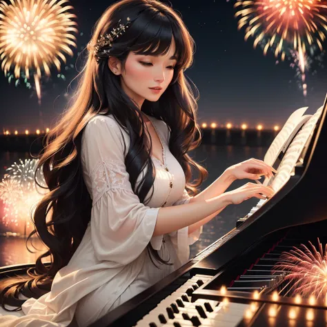 A woman in her 30s with long hair and parted bangs playing the piano with a fireworks display in the background, 