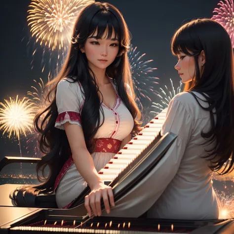 A woman in her 30s with long hair and parted bangs playing the piano with a fireworks display in the background, 