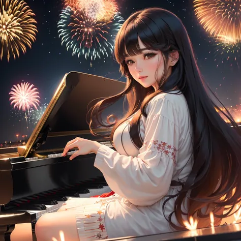 A woman in her 30s with long hair and parted bangs playing the piano with a fireworks display in the background, anime