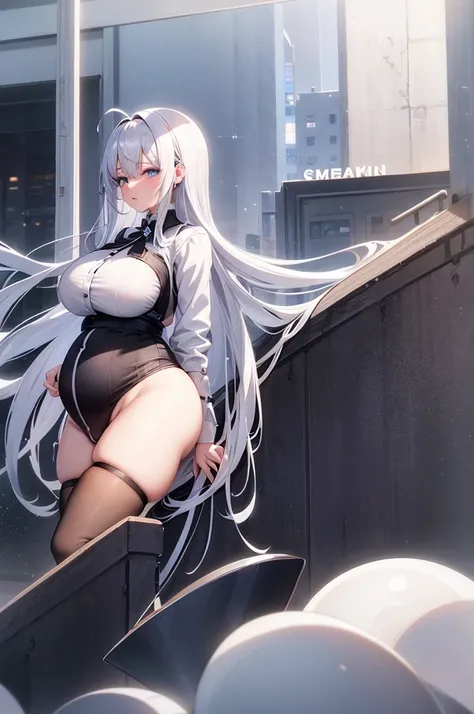 "Anime Girl, 1 person, Silvery white hair mixed with black, blue eyes, Put on your headphones, woman shirt, woman , Large Breasts, Chin on hand, Tights, Standing cross-legged, Licking lips,Red Cliff,whole body ,Solitary,side view, (Full HD 4K+ image)"，Preg...