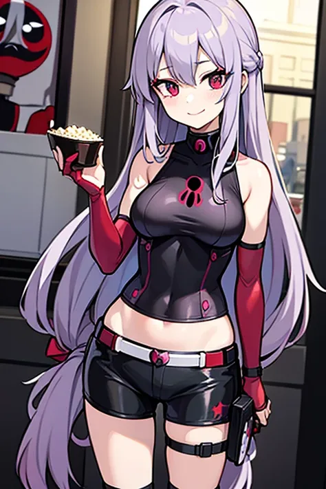 Anime Girl 2d Long Hair Loose light Purple-Grayish, Age Adulthood adult, with Deadpool red-black cosplay and bautifull make up in front of a cinema smiling with popcorn 