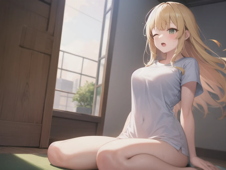 Absurd, High resolution, Highest quality, 扇Wind機, 1 Girl, seiza, Oversized clothing, shiina mahiru, T-Shirts, Bottomless, Wind, Wind lift, Blonde Hair, Long Hair, Open your mouth, Eyes closed, Leg spread, Indoors, Sweat, Large Breasts, See-through, Floatin...