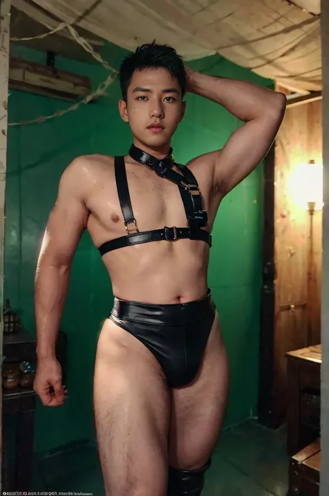 Black hair, Big bulge, very hairy armpits, hairy pubic,  In the dirty alley, Zephyr stands bound, WEARING Tiny thong, his wrists encased in supple leather cuffs that accentuate the lines of his forearms. A bondage chest harness adorns his upper body, its i...