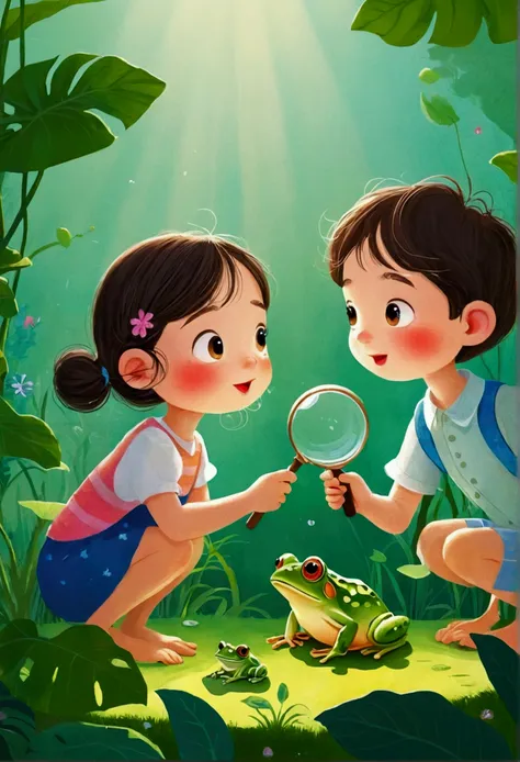 illustration：a boy and a girl observing a frog through a magnifying glass, 儿童书籍illustration, 儿童书籍illustration, 儿童书籍illustration,...