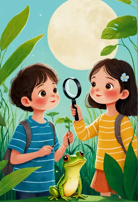 illustration：a boy and a girl observing a frog through a magnifying glass, 儿童书籍illustration, 儿童书籍illustration, 儿童书籍illustration,...