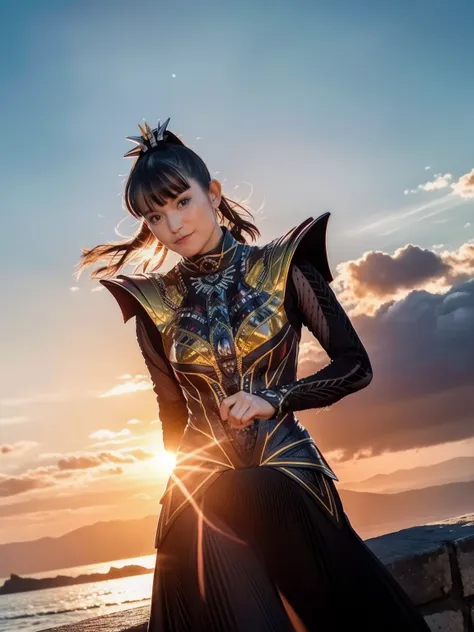 ((masterpiece)), ((UHD)), ((8k)), close-up shot, face focus, upperbody shot.  A majestic young warrior stands tall, ponytail flowing freely amidst the intricate armor plating her upper body. Warm sunset hues illuminate her determined expression, while the ...