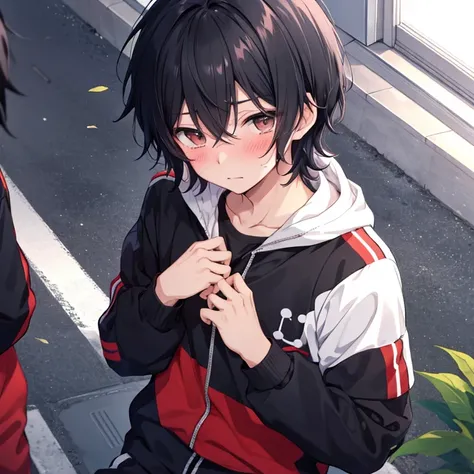 Anime style high school boy, 1 boy, solo, black hair, Tracksuits, blush, shy, embarrassed