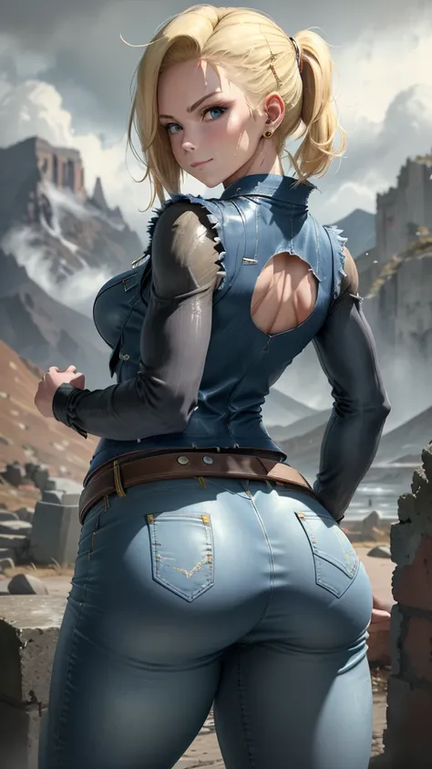 best quality, highres, and18, 1girl, android 18, solo, blonde hair, blue eyes, belt, tight blue demin skirt, gold_necklace, closed fists, black shirt, short hair, long sleeves, earrings, open vest, denim vest, medium breasts, cowboy shot, mountains, straig...