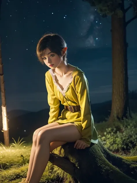 15 year old girl, short hair, yellow color, elf face slavic, freckles on the face, Skinny body, small bust, scantily clad, sitting on a tree trunk, in the forest at night, the sky full of stars