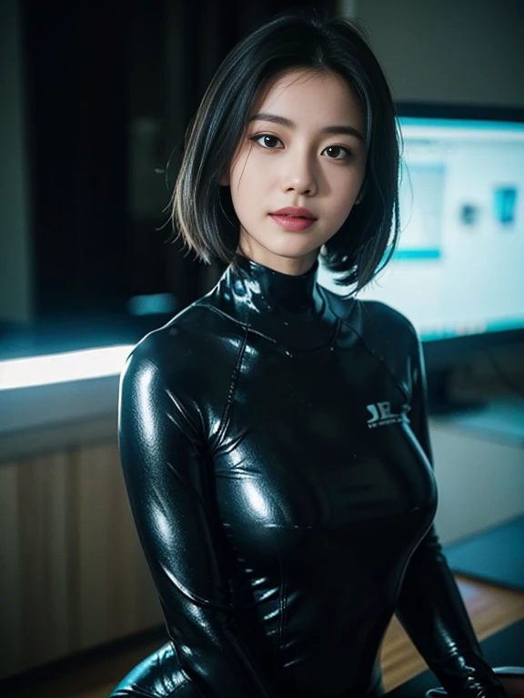 1 woman、Korean、Korean、cyberpunk suit、smooth rubber、tight suit、chest chuck、intricate details、high quality、(upscale:1.4)、Staring at me、ultra realistic 8k、Perfection face、perfection、clean、masterpiece、professional artwork、famous works、Perfection face、beautiful...