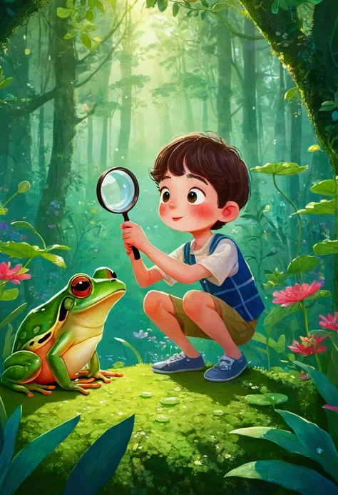 illustration：A boy in the forest observing a frog through a magnifying glass, 梅青 的故事书illustration, devianart contest winners, Concept Art, 儿童书籍illustration, 儿童书籍illustration, 儿童书籍illustration, 儿童书籍illustration, colorful 儿童书籍illustration, 儿童书籍illustration, ...