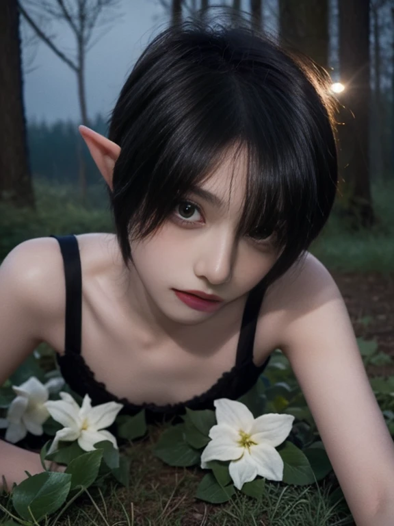 15 year old elf girl, short hair, black color, naked, Skinny body, small bust, looks full body, lying on the floor, in the forest at night, starry sky, flowers illuminating, is alone