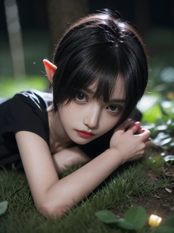 12 year old elf girl, short hair, black color, naked, Skinny body, small bust, looks full body, lying on the floor, in the forest at night, starry sky, flowers illuminating, is alone