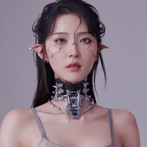 a stunning 4k photo-realistic image of a cyberpunk demi-human girl with an asian face. her visage is adorned with intricate mach...