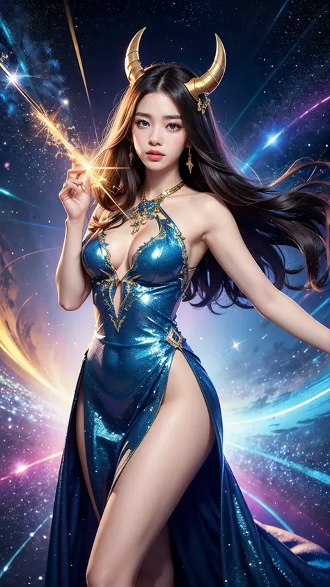 Create an image of Soraka in her latest skin, Celestial Harmony, from League of Legends. She is dressed in an ethereal gown with shimmering stardust and celestial symbols. Soraka is performing her Wish ability, with a radiant, starry aura enveloping her st...