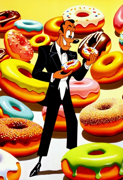 Eating Donuts, by Tex Avery, full body, cinematic still, (best quality, masterpiece, photorealistic), very aesthetic, perfect composition, intricate details, ultra-detailed, vivid colors