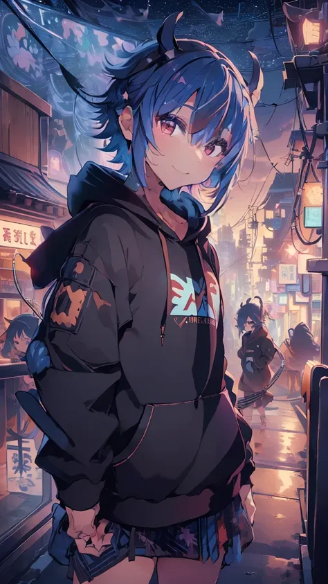 masterpiece, Highest quality, High resolution, Very detailed,(((Mikoto Naruka))), (((City)))、(((electric wire)))、(((smile)))、(((Standing in the distance))), (((Wearing a black hoodie。))), Electric pole, night, (((Starry Sky)))