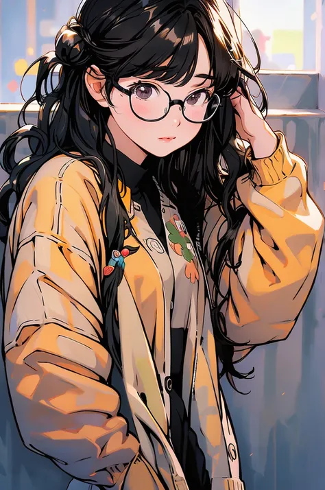 1girl, beautiful, black wavy hair, roung glasses, custard bun on cheeks