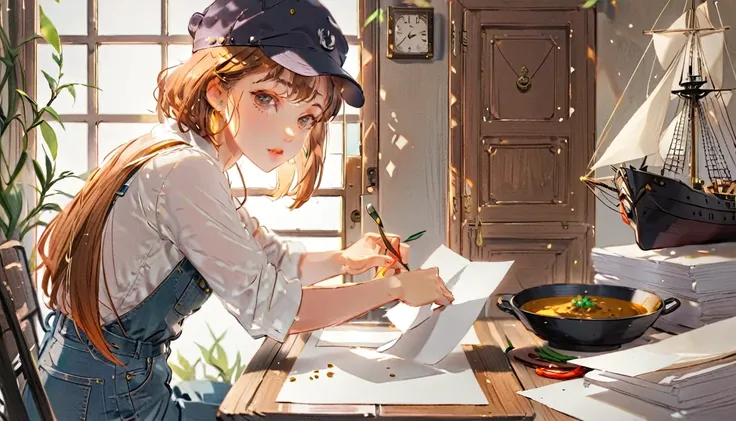 (((How to cut paper))), 1 girl, Short brown curry hair, cap, Shirts and denim, portfolio, Ports and ships