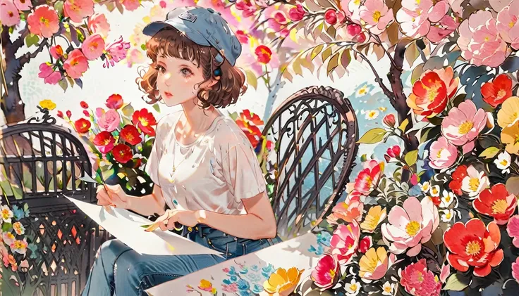 (((How to cut paper))), 1 girl, Short brown curly hair, cap, Shirts and denim, portfolio, wealthy, Blooming Garden