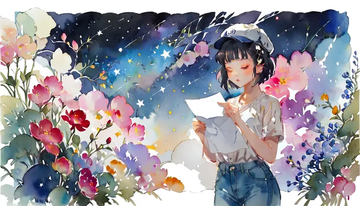 (((How to cut paper))), 1 girl, short black hair, cap, Shirts and denim, portfolio, Gazing at the starry sky