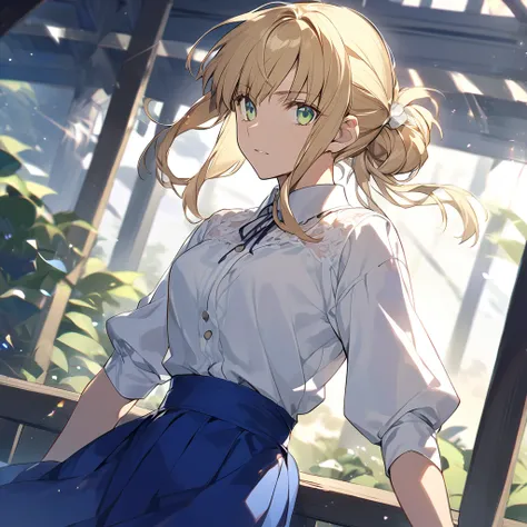 fate stay night, アルトリア・ペンドラゴン(blond hair, chignon hair, light green eyes, white blouse, blue skirt)