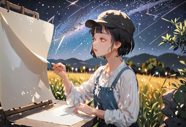 (((How to cut paper))), 1 girl, short black hair, cap, Shirts and denim, portfolio, Gazing at the starry sky