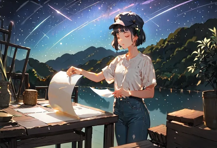 (((How to cut paper))), 1 girl, short black hair, cap, Shirts and denim, portfolio, Gazing at the starry sky